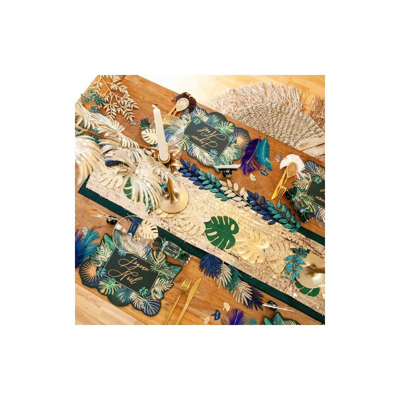 6 Plumes Ethnique Bleu Paon et Paillettes Or
