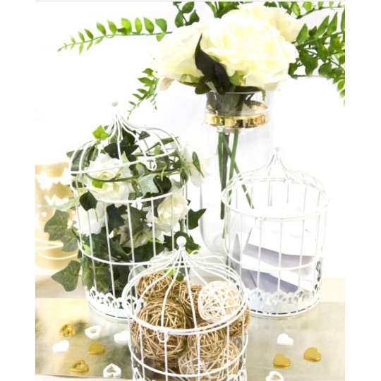 Cage à oiseaux ronde décorative en métal blanc – Lot de 3 pièces
