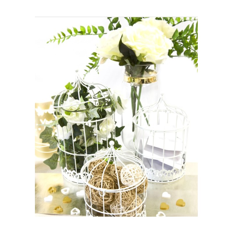 Cage à oiseaux ronde décorative en métal blanc – Lot de 3 pièces