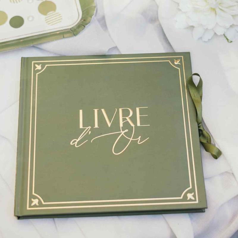 Livre d’Or Jardin à la Française Vert Olive et Or Carton Rigide 21x20cm 68 Pages