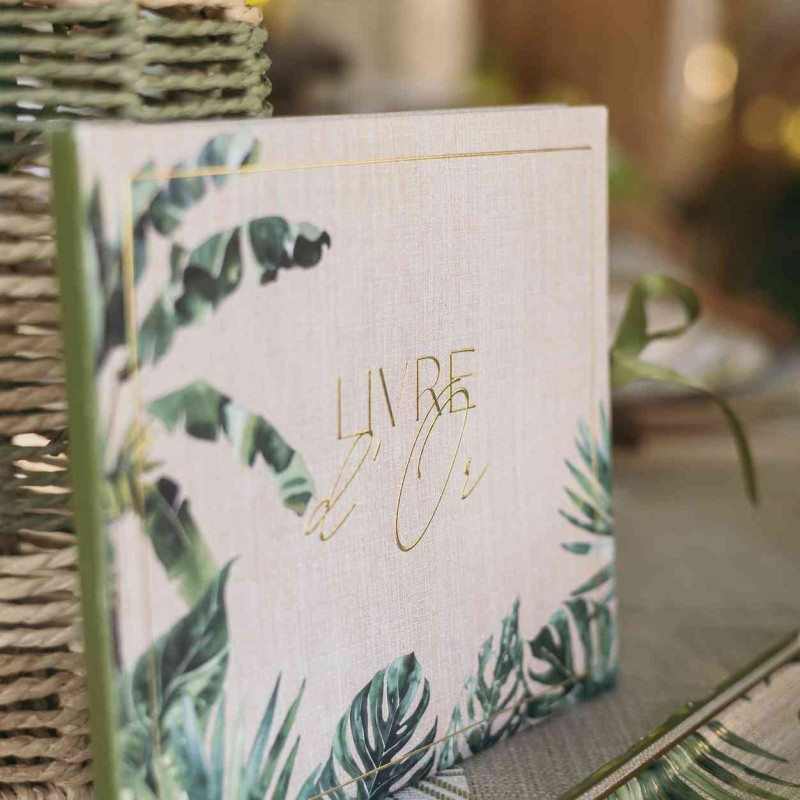 Livre d'Or Coco Palm Carton Effet Cannage, Vert et Or 19x22cm - 68 Pages