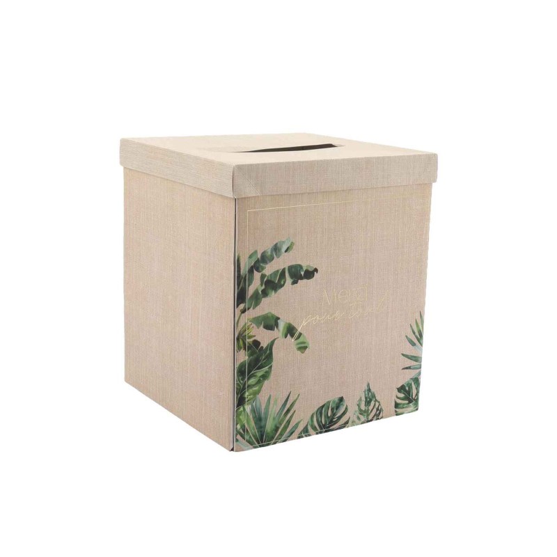 Urne 'Merci pour tout' Coco Palm Carton Effet Cannage, Vert et Or 21x25x21cm