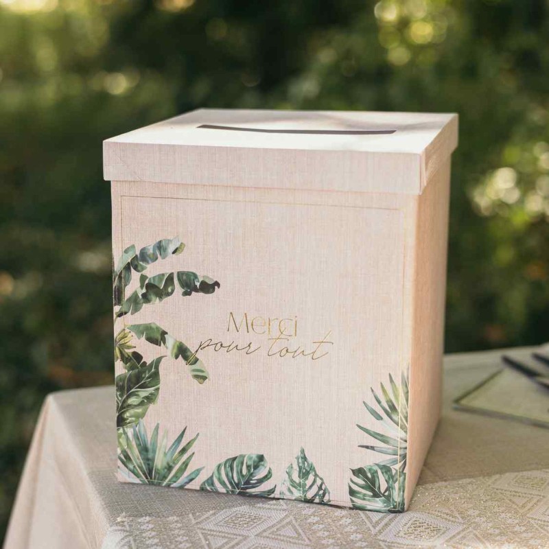 Urne 'Merci pour tout' Coco Palm Carton Effet Cannage, Vert et Or 21x25x21cm