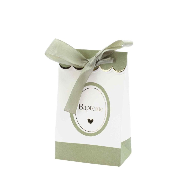 10 Sachets "Baptême" Papier Vert de Gris, Blanc et Or