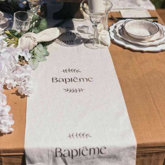 Chemin de Table "Baptême" Tissu Effet Lin et Or 28cmx5m