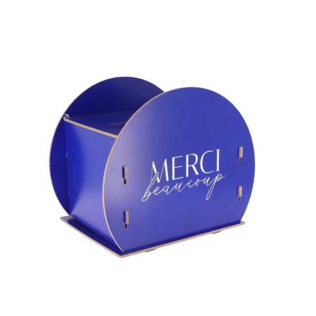 Urne Ronde 'Merci Beaucoup' Bois Indigo et Blanc 30x24,5x21cm