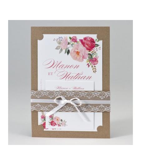 Faire-part mariage Kraft avec dentelles et fleurs