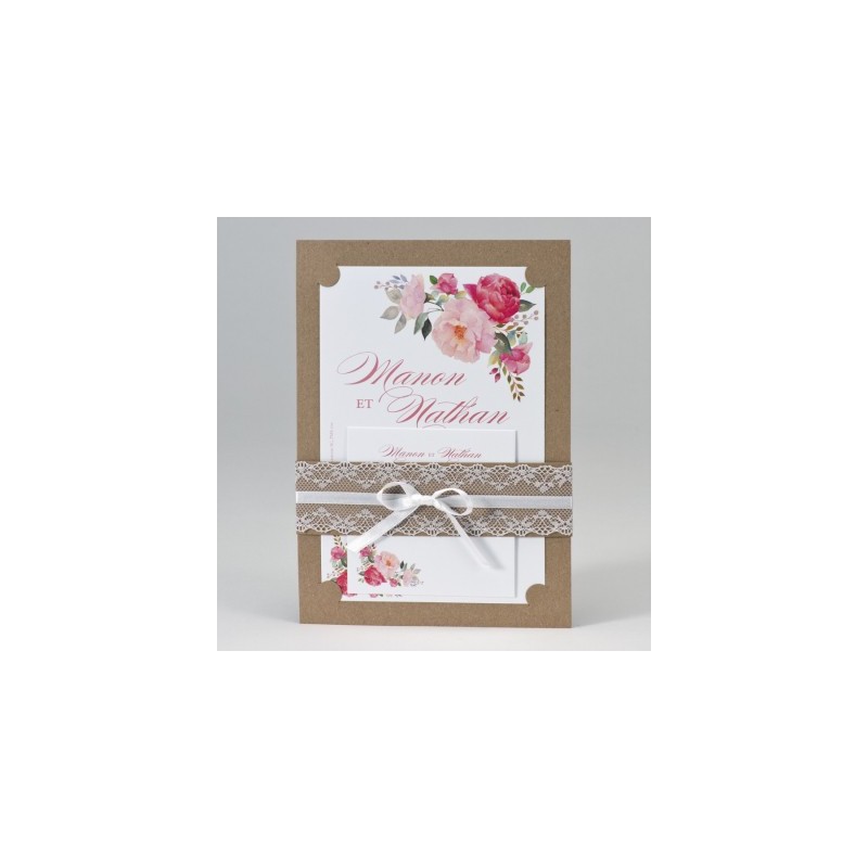 Faire-part mariage Kraft avec dentelles et fleurs