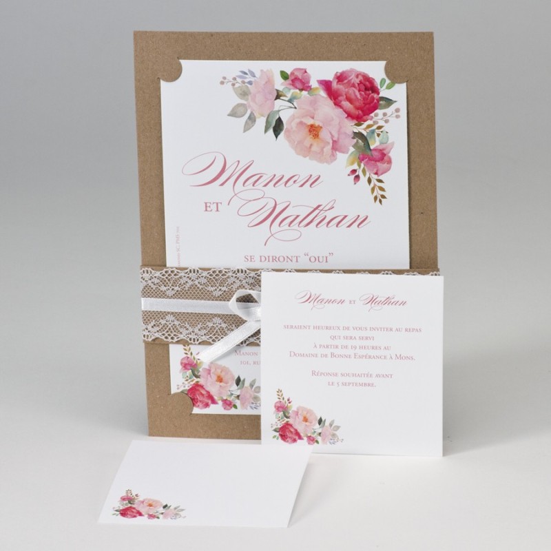 Faire-part mariage Kraft avec dentelles et fleurs