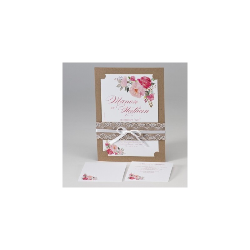 Faire-part mariage Kraft avec dentelles et fleurs