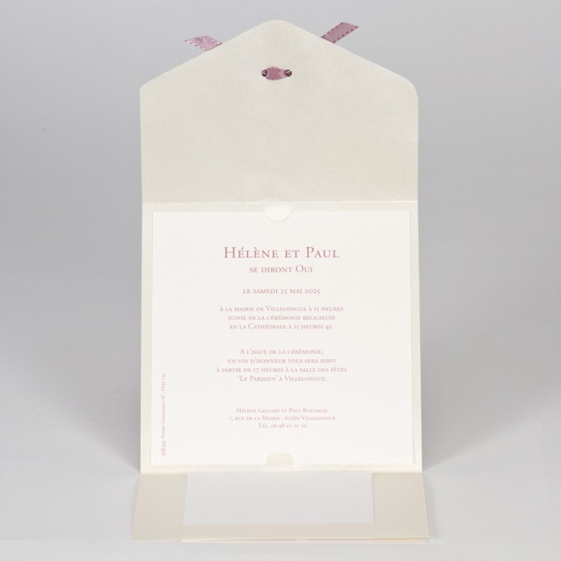 Faire-part dentelle en relief et ruban rose