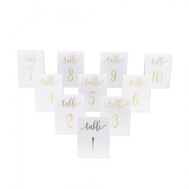 10 marques-tables de 1 à 10 blanc et or