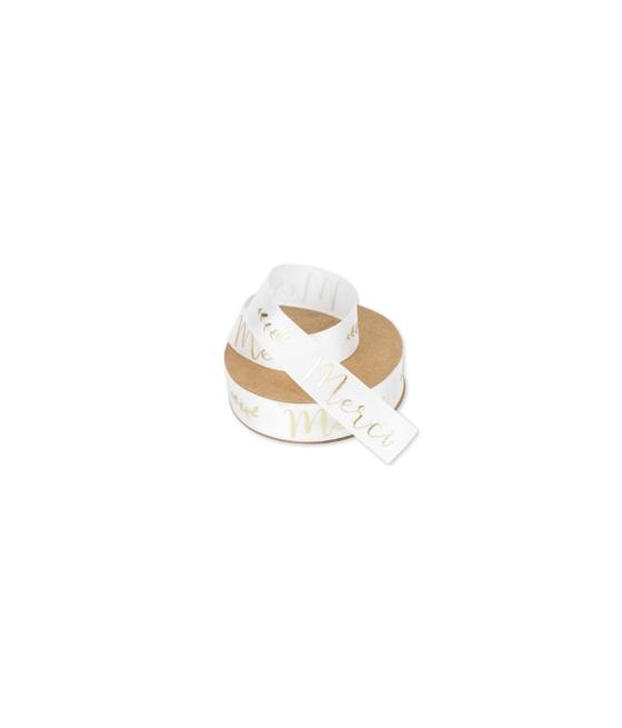 Ruban satin blanc "Merci" or