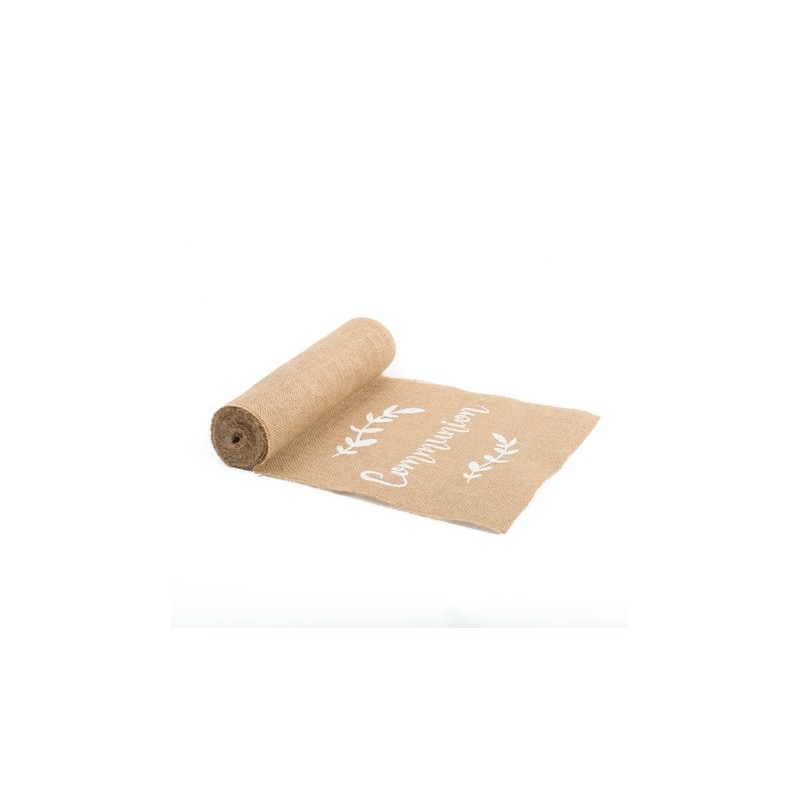 Chemin de table communion jute floquee blanc