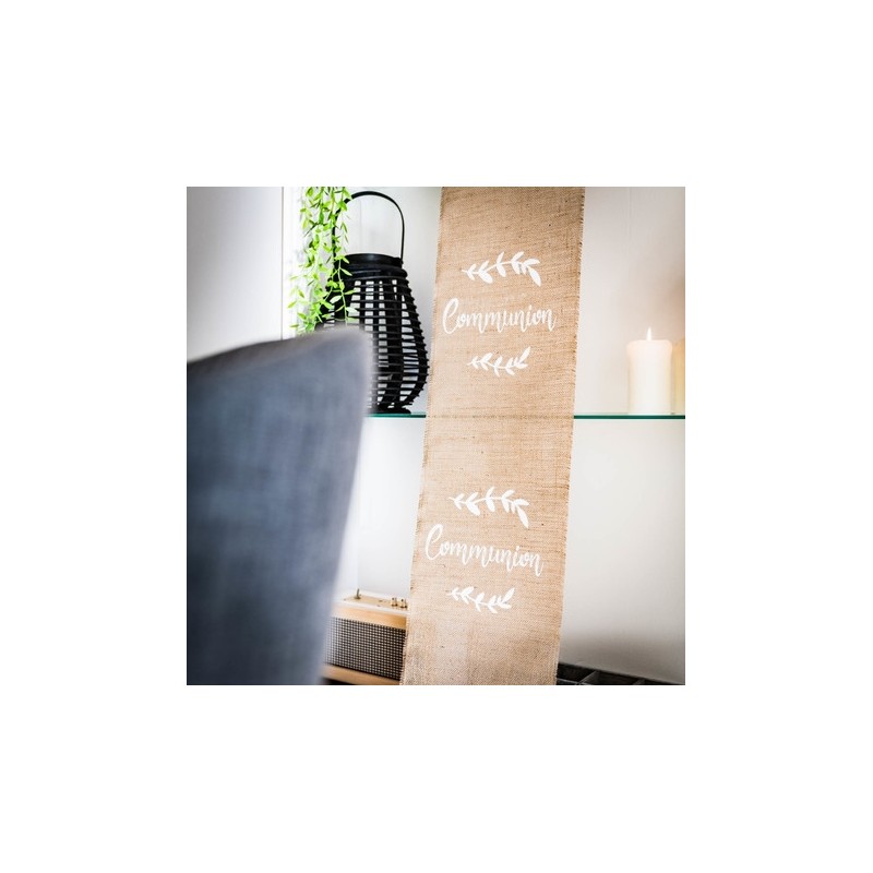 Chemin de table communion jute floquee blanc