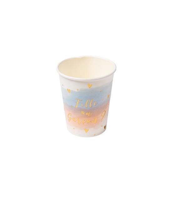8 gobelets gender reveal blanc rose bleu et dorure or