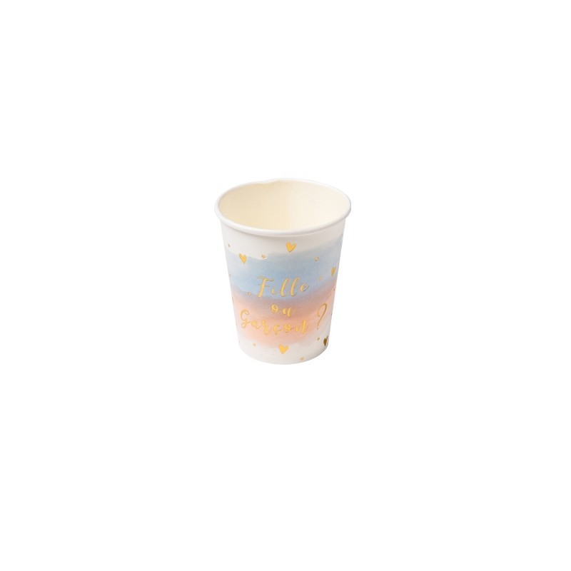 8 gobelets gender reveal blanc rose bleu et dorure or