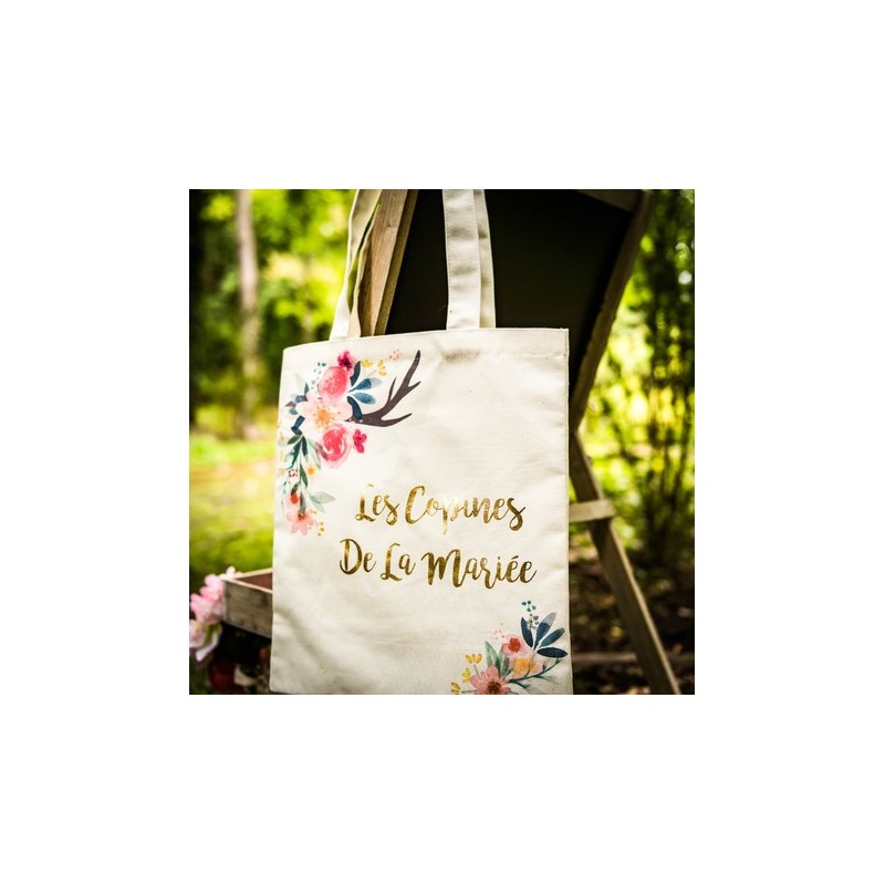 Tote bag "les copines de la mariée" folk lin dorure or 31x37cm