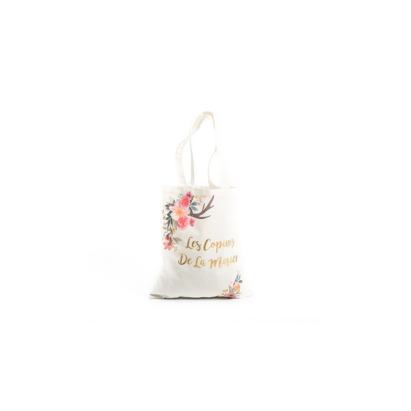 Tote bag "les copines de la mariée" folk lin dorure or 31x37cm