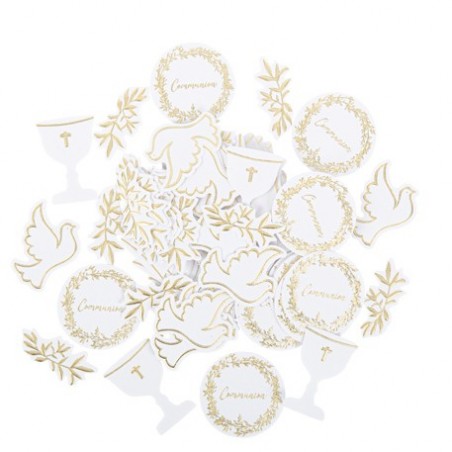100 Confettis Communion Jolis Brins Blancs et Or