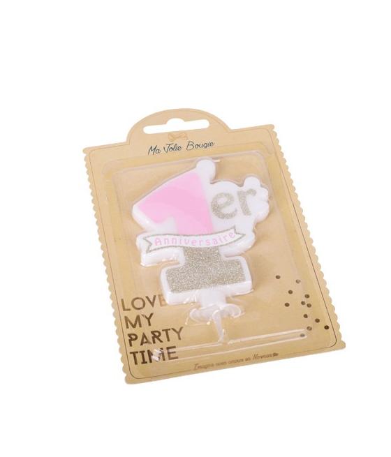 Bougie Premier Anniversaire Rose Paillettes Or