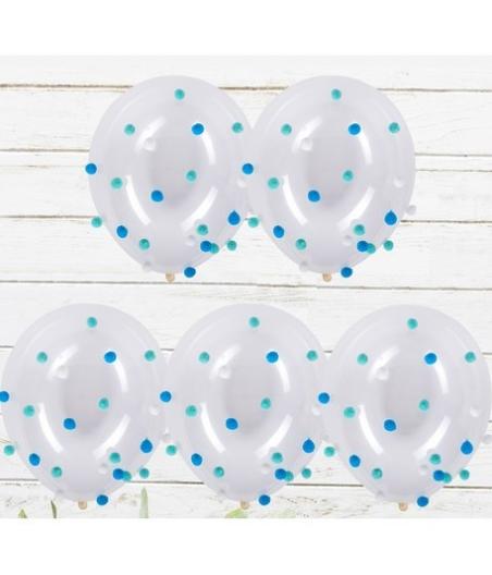 5 Ballons Transparents  Avec 50 Pompons Dégradé Bleu Et Blanc
