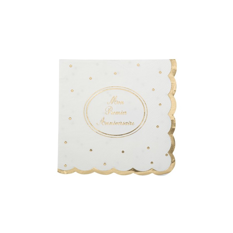 16 serviettes mon 1er anniversaire Blanc et or