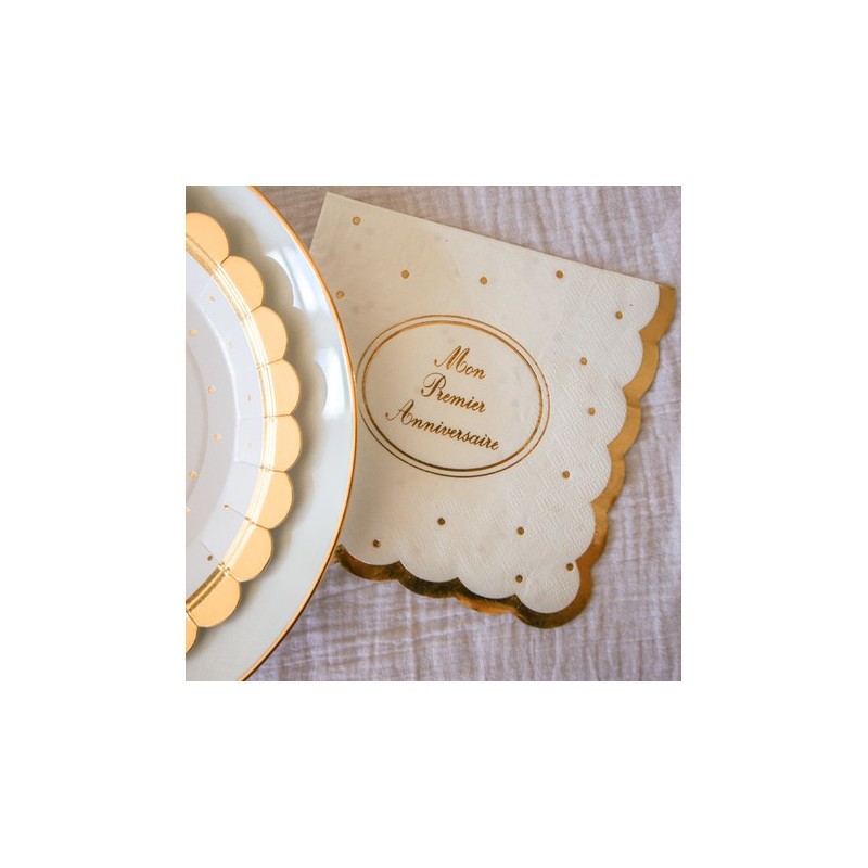 16 serviettes mon 1er anniversaire Blanc et or
