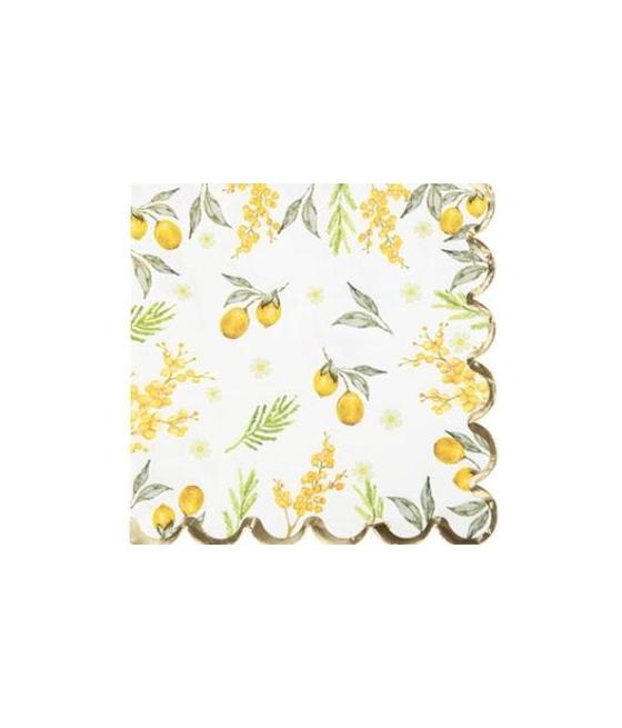 16 Serviettes Mimosa Citrons Feuillages et Or