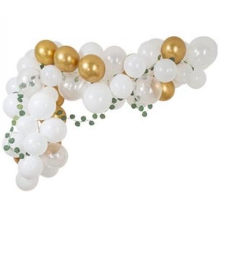Kit Arche De 60 Ballons L'Élégante Blanc Or Et Guirlandes Eucalyptus