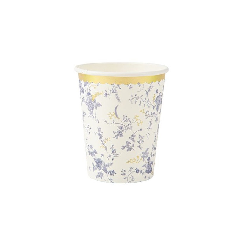 8 Gobelets Toile de Jouy Blanc Bleu et Or