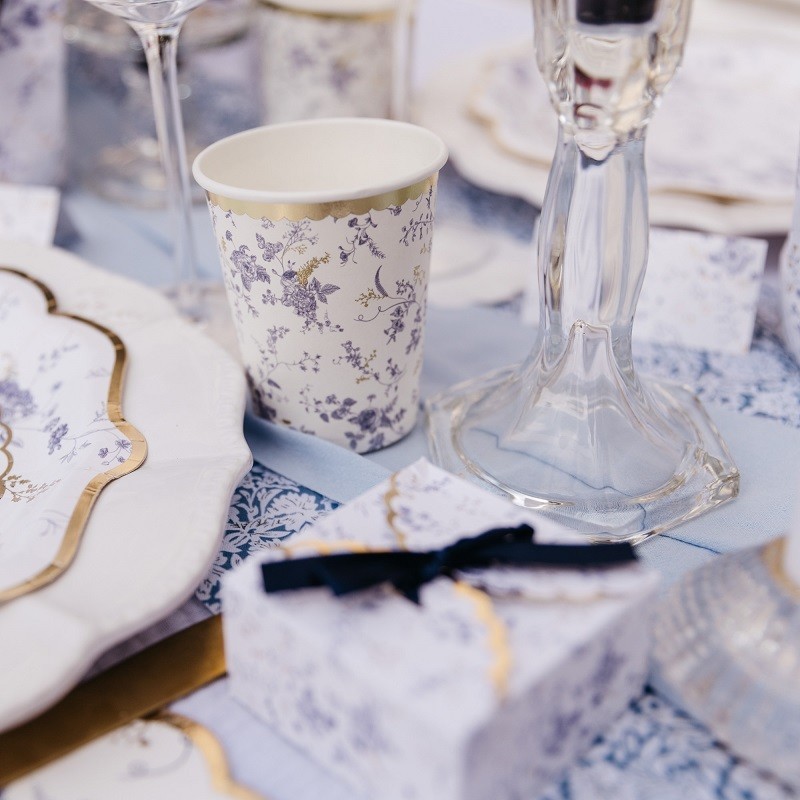 8 Gobelets Toile de Jouy Blanc Bleu et Or