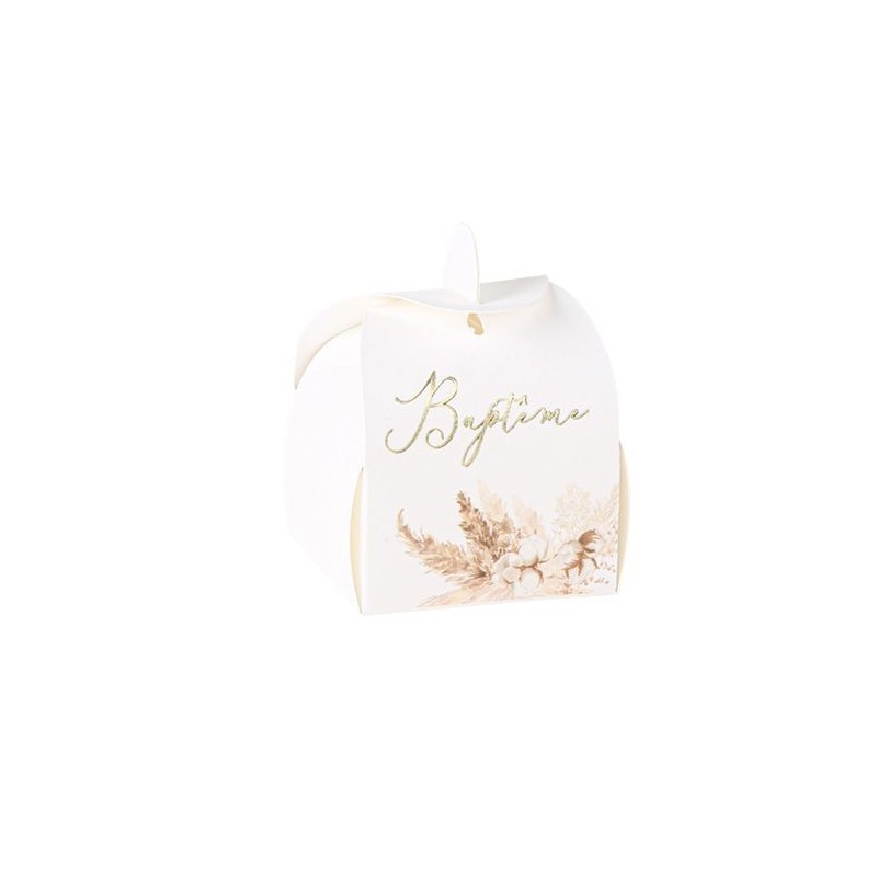 10 Contenants Bapteme Pampas Fleurs de Coton et Or 5 x 7 cm