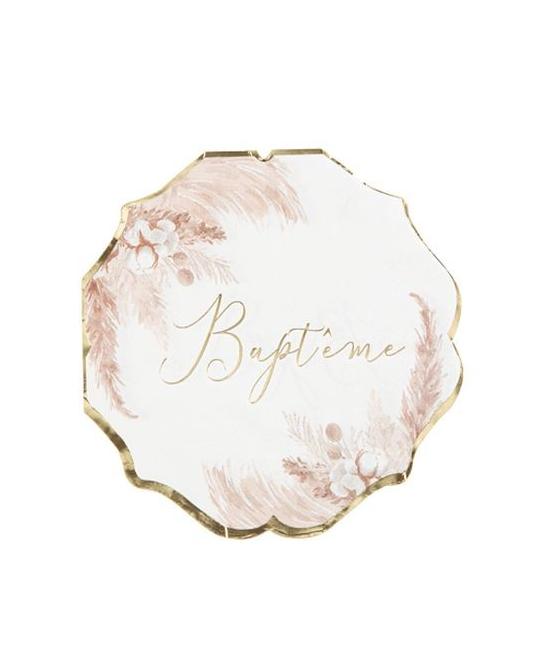 16 Serviettes Bapteme Pampas Fleurs de Coton et Or