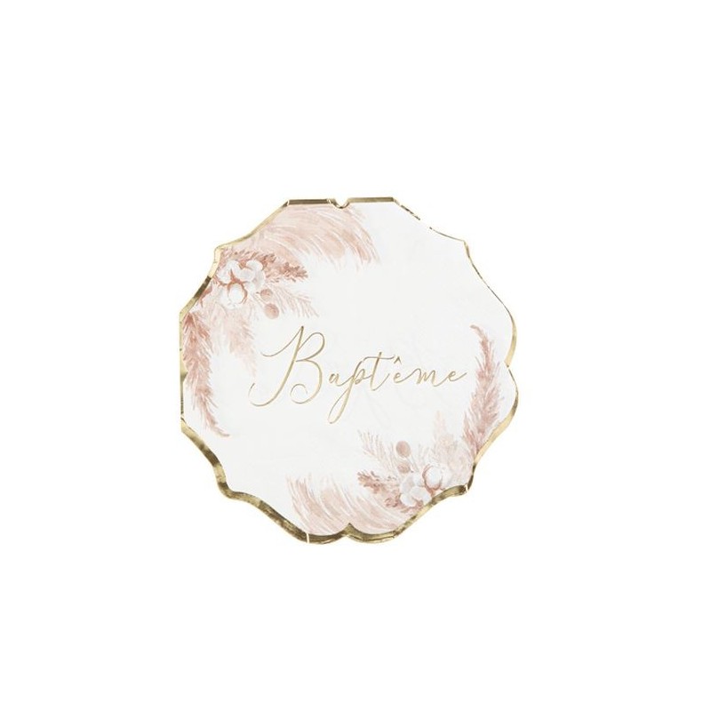16 Serviettes Bapteme Pampas Fleurs de Coton et Or