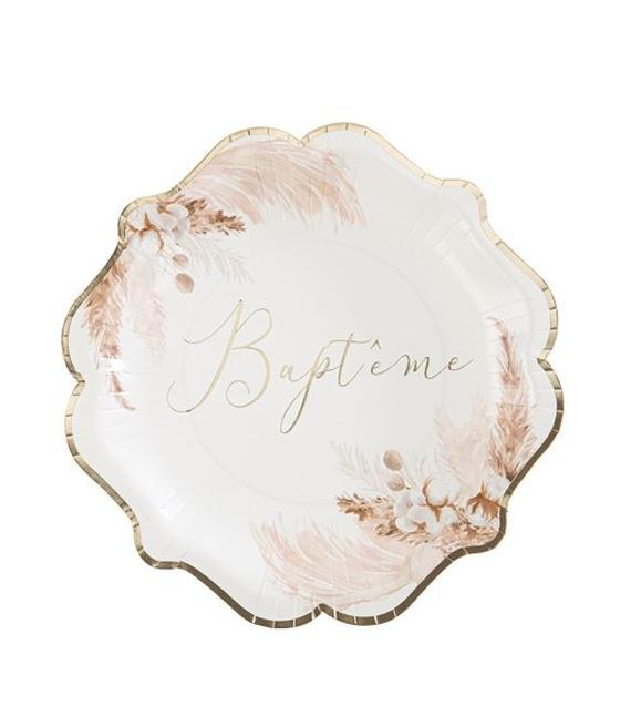 8 Assiettes Bapteme Pampas Fleurs de Coton et Or