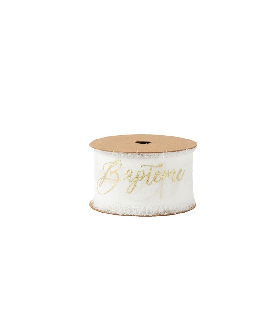 Ruban Effiloche Baptême Mousseline de Soie Blanche et Or