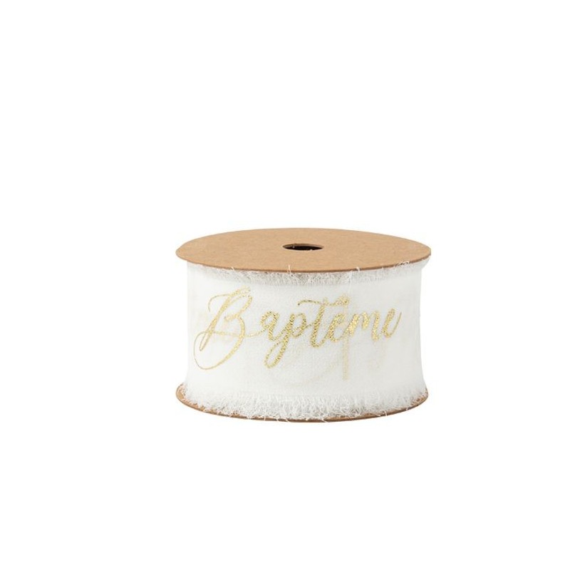 Ruban Effiloche Baptême Mousseline de Soie Blanche et Or