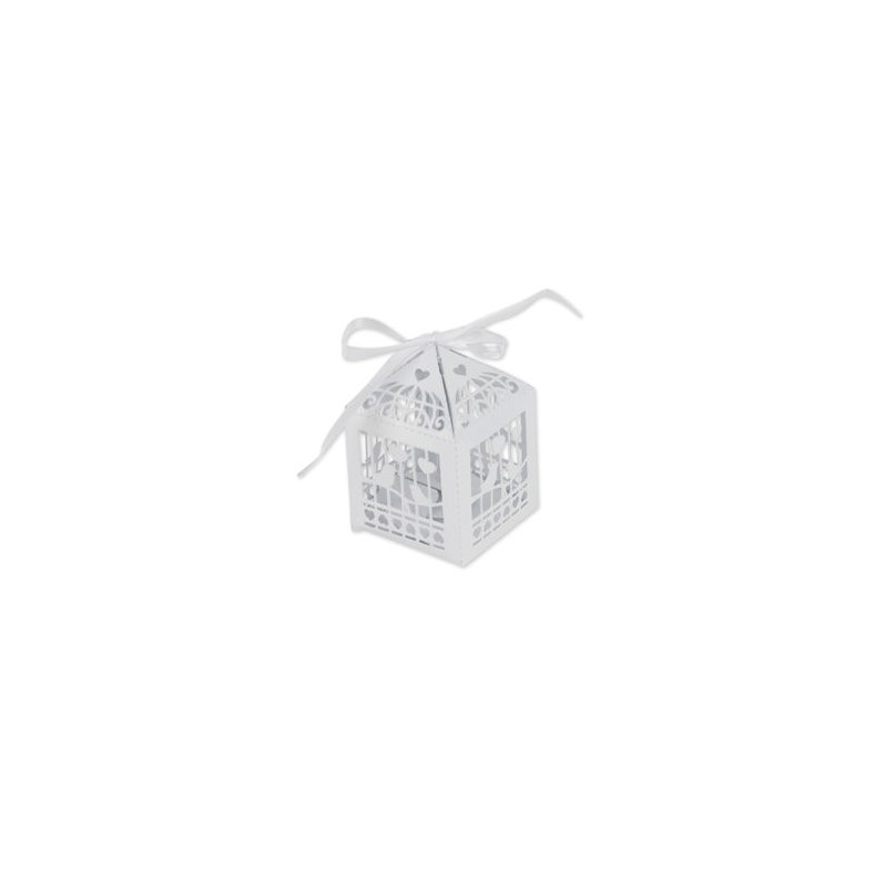 20 Contenants Cages à Oiseaux Blanc 5x7.5cm + Ruban satin blanc
