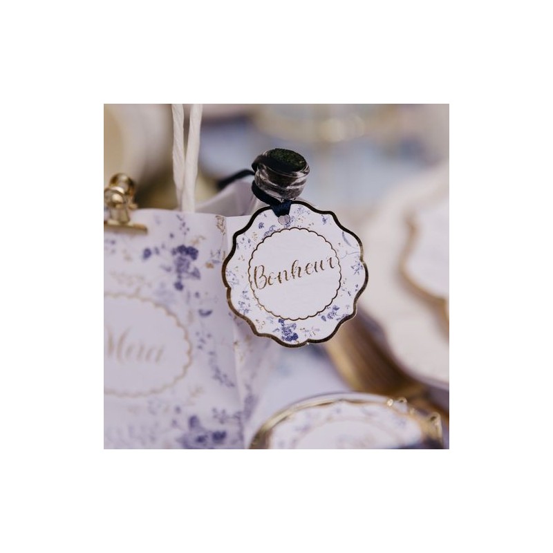 10 Étiquettes Toile de Jouy Blanc, Bleu et Or et Ruban Satin Bleu