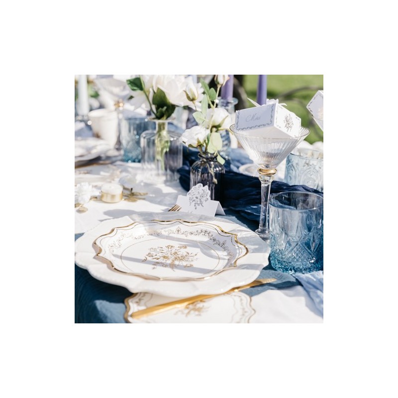 8 Assiettes Vintage Carton Blanc et Or