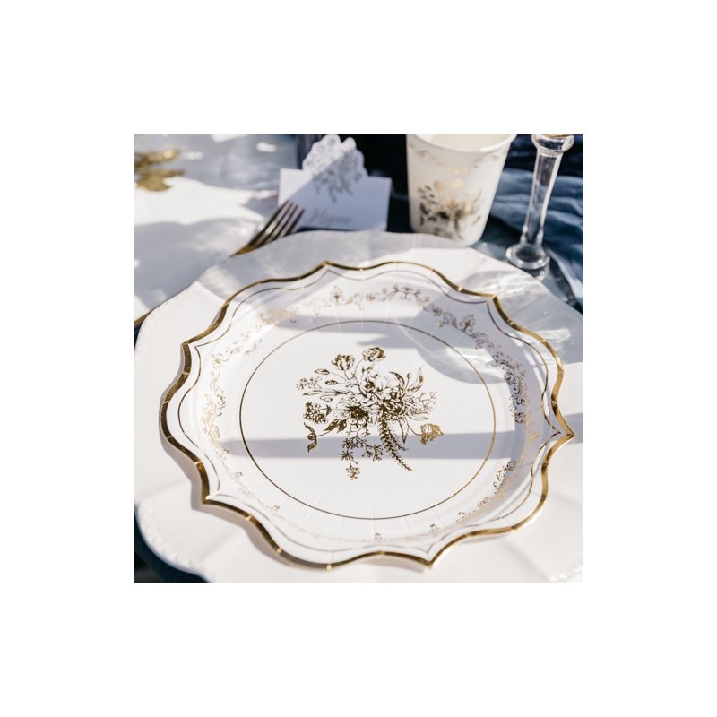 8 Assiettes Vintage Carton Blanc et Or