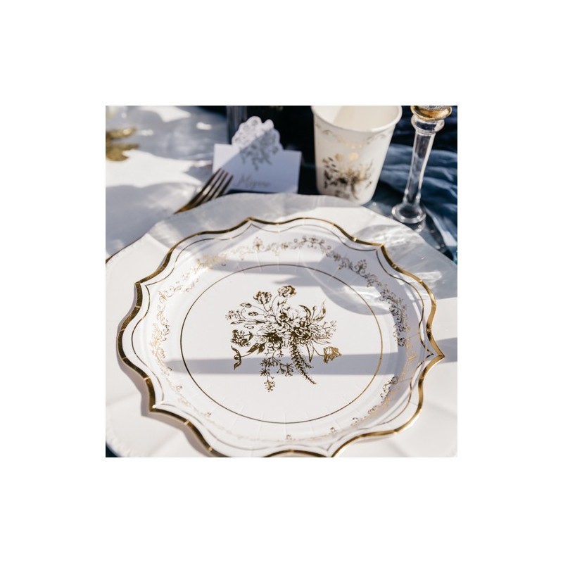 8 Assiettes Vintage Carton Blanc et Or