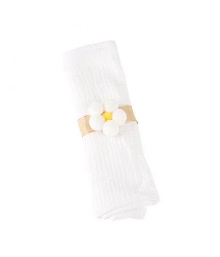 6 Ronds de Serviette Marguerite Pompons Jaunes et Blancs  sur Ruban Satin Taupe