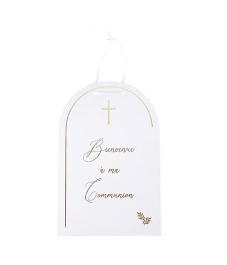 Pancarte Bienvenue à ma Communion Pureté Blanche et Or  et Ruban Satin Blanc