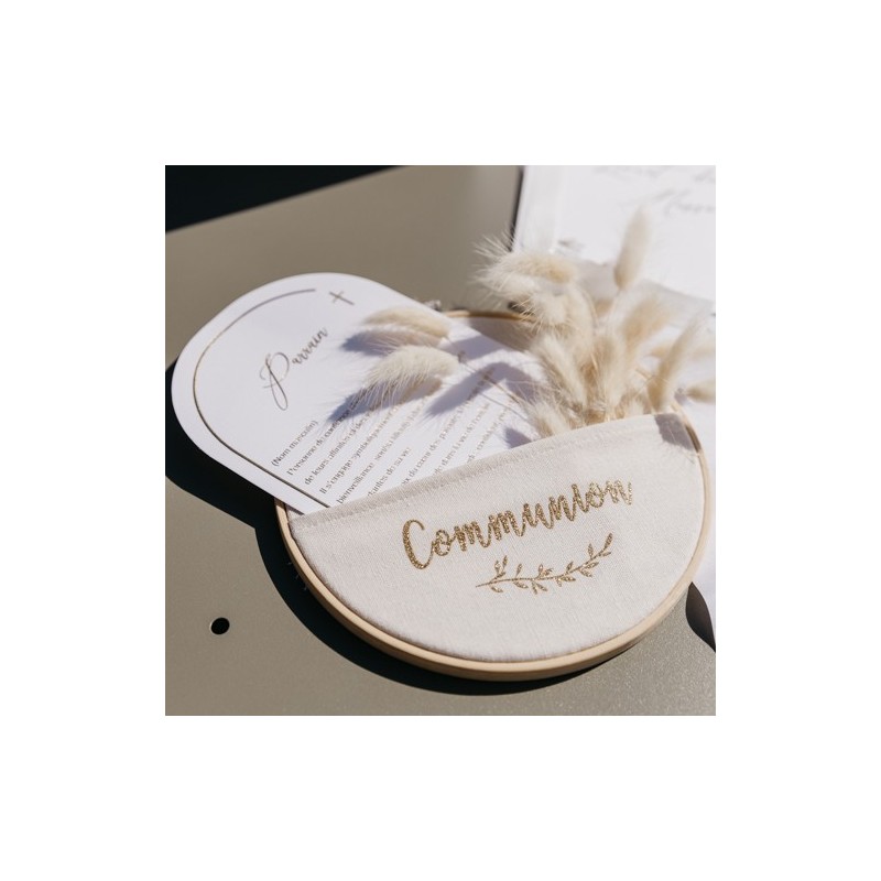 Cadre Pochette Végétal Communion Paillettes Or Bois et Effet Lin  1
