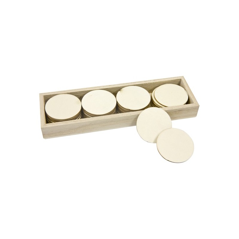 Disque en bois (x 36) dans boite en bois