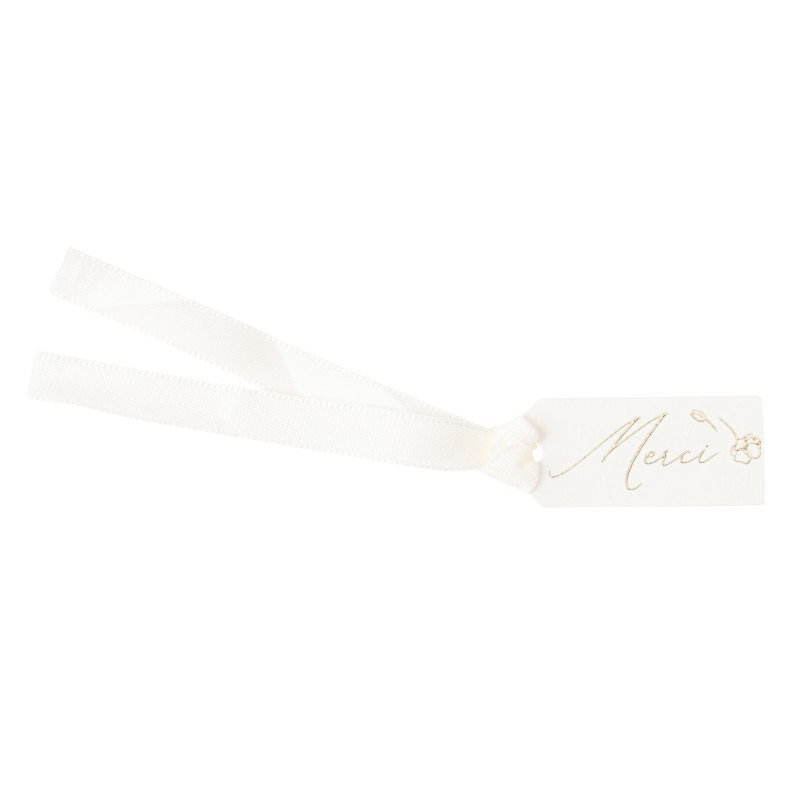 10 Étiquettes "Merci" Baptême Crème et Or  et Ruban Satin Crème