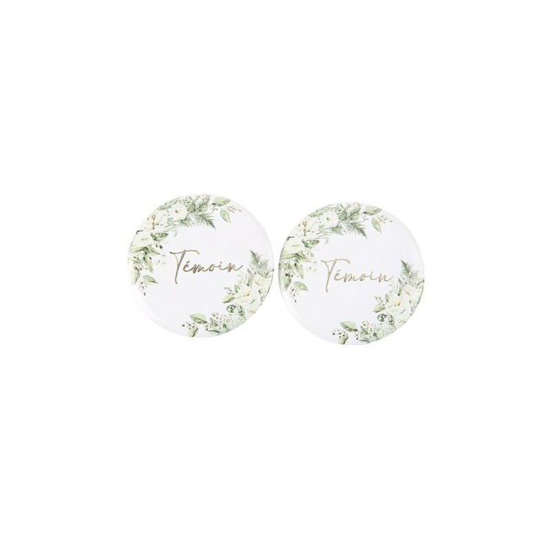 2 Badges "Témoin" Botanique Feuillages et Or Ø5cm