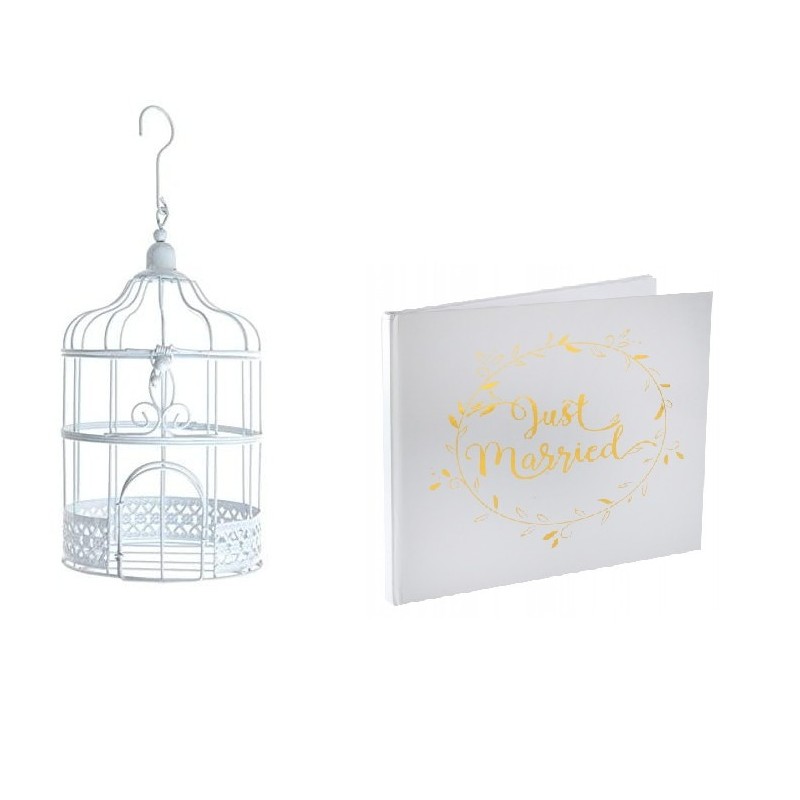 Pack Urne cage blanche + Livre d'or Mariage Blanc et Or